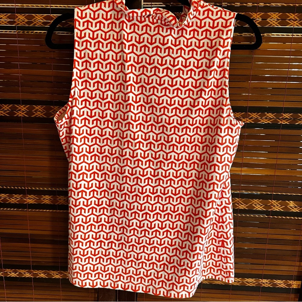 J. McLaughlin Durham Sleeveless Ruffle Top Orange White Print | Sz L - Picture 2 of 4